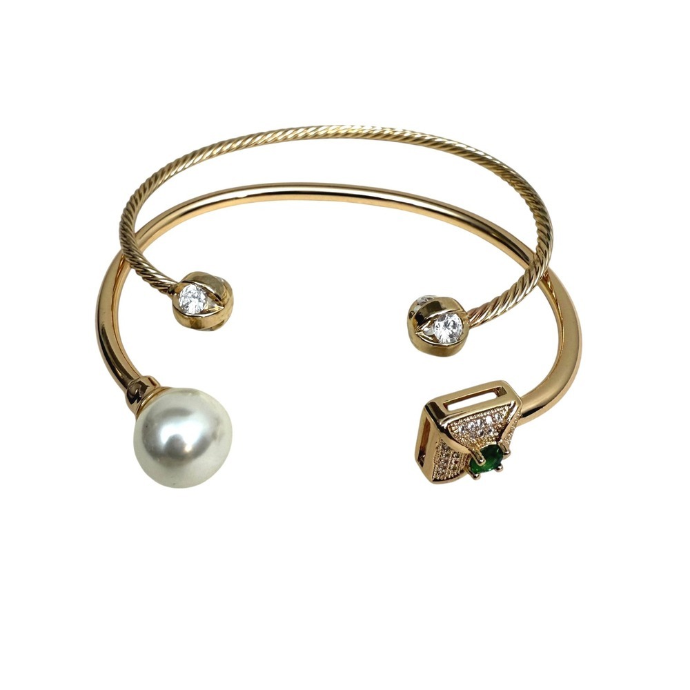 Bangle Bracelet Gold Tone Cuff Pearl Emerald Rhinestone Jewelry Sz 6.5 2 Pcs Set